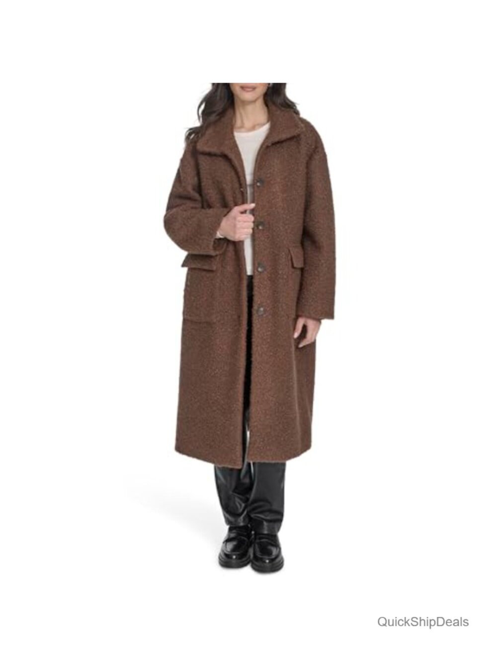 Sherpa Boucle Stand Collar Car Coat Relaxed Fit Button Front Warm